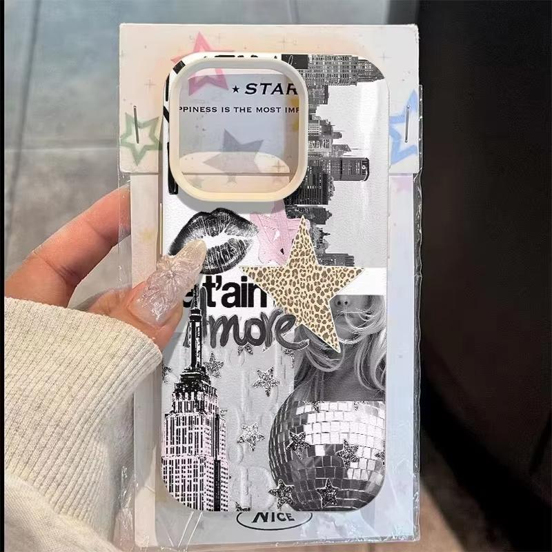 Vintage Collage Leopard Star Disco Ball Pattern Design Protective Cover for iPhone 17 16 15 14 13 12 11 16E Series Pro Max Plus