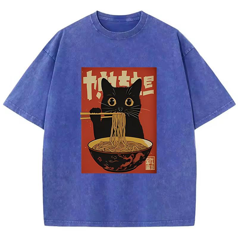 T Shirt Vintage Washed 100% Cotton T-Shirt Black Retro Cat Eating Ramen Graphic Tee Casual Streetwear for Spring Summer