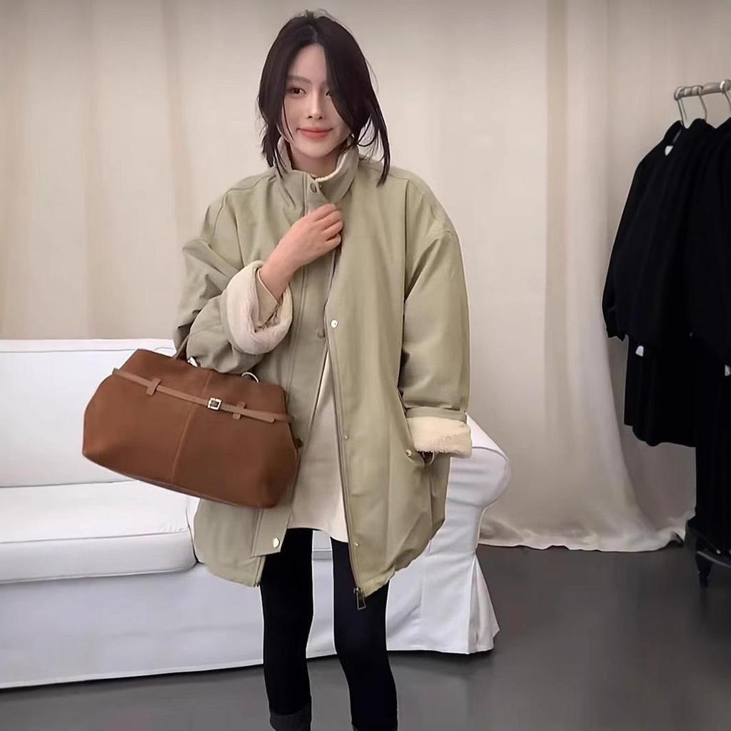 Women's 2024 Winter Stand Collar Lambswool Patchwork Coat - Loose, Versatile, and Warm Mid-Length Quilted Cotton Jacket