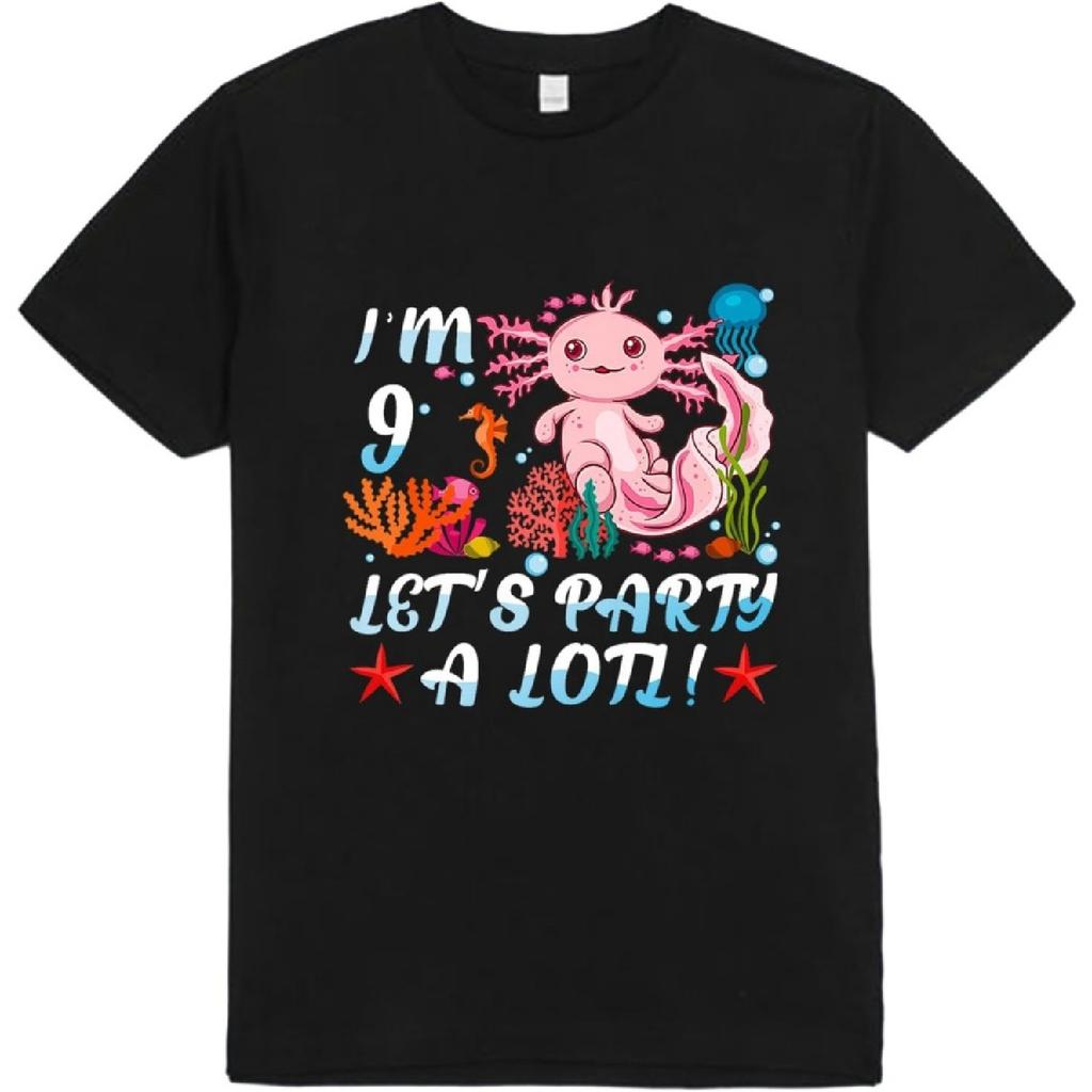 MD203 I'm 9 Let's Party A Lotl Cute Axolotl Anime Gift Girls Teen T-Shirt Sweatshirt Hoodie for Boy Girl Kids