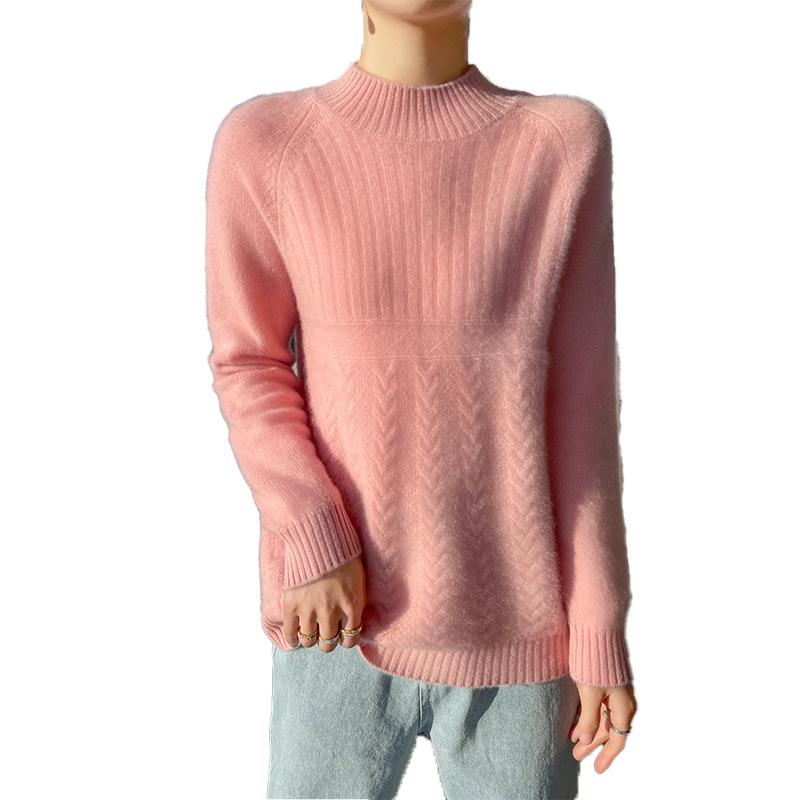 Women's Korean Style Wool Cable Knit Sweater - Thick Half-High Neck Base Layer for Autumn/Winter 2025