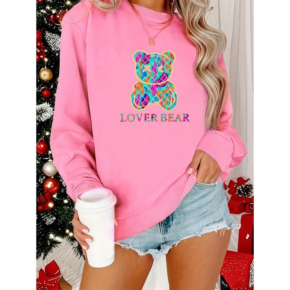 

Женский осенне-зимний повседневный модный свободный удобный теплый пуловер с круглым вырезом и длинными рукавами с мультяшным принтом медведя LOVER XL