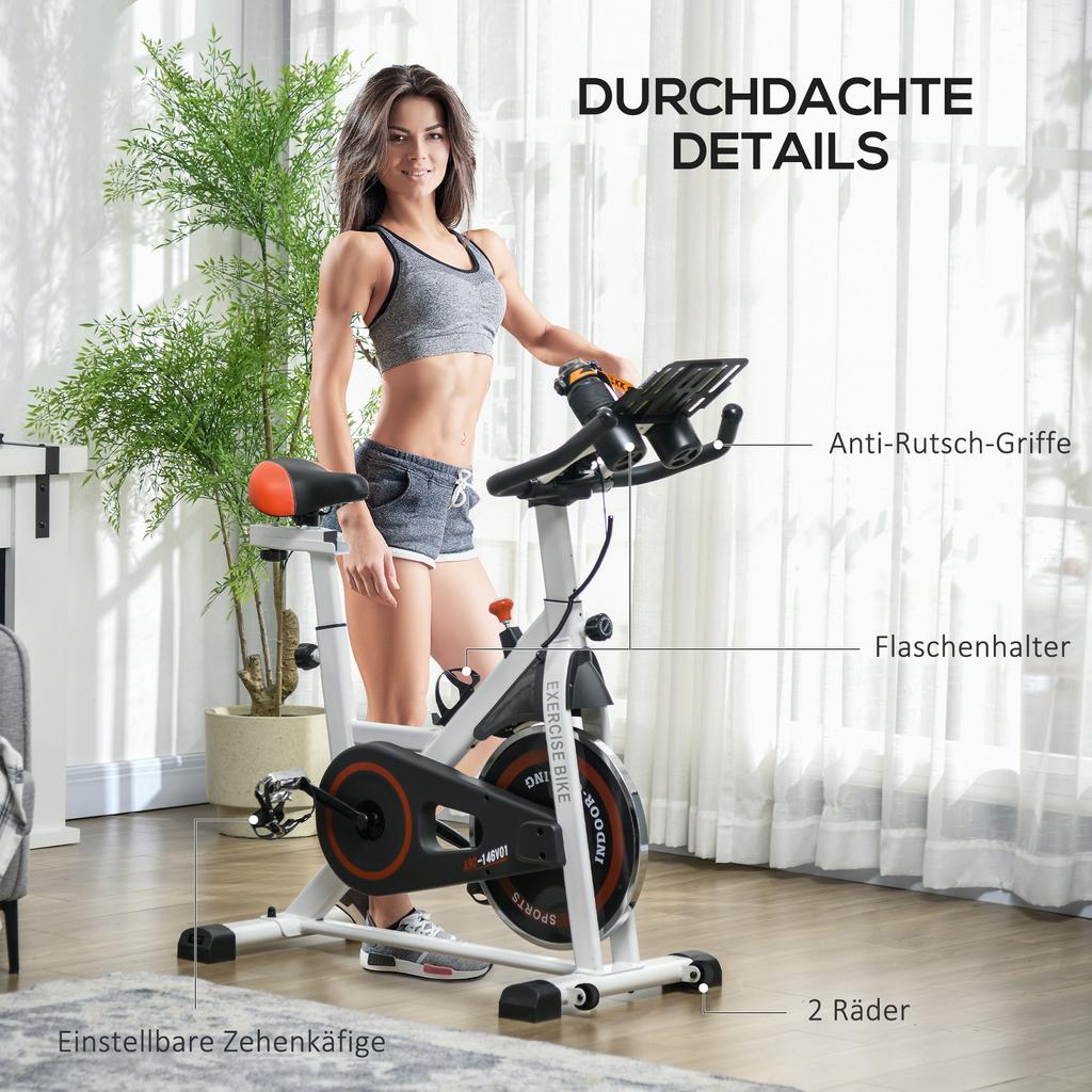 Exercise Bike, 8kg Flywheel Stationary Bike Indoor Cycling Machine with Adjustable Resistance Seat Handlebar, White