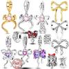 925 Sterling Silver Pink Bow Charm Bead for Bracelet Necklace Women DIY Jewelry Gift