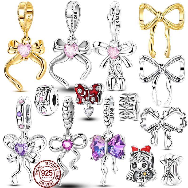 925 Sterling Silber Rosa Schleife Charm Perle für Armband Halskette Damen DIY Schmuck Geschenk