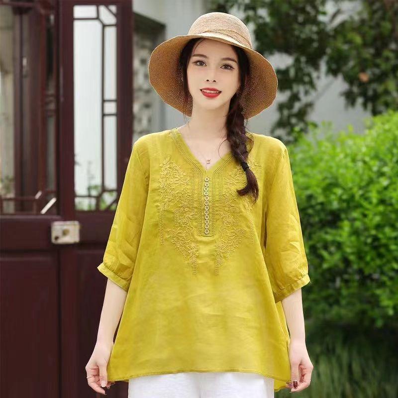 Women's V Neck Half Sleeve Cotton Linen Blouse Loose Fit Vintage Embroidery Pullover Top Solid Color Summer Casual Shirt