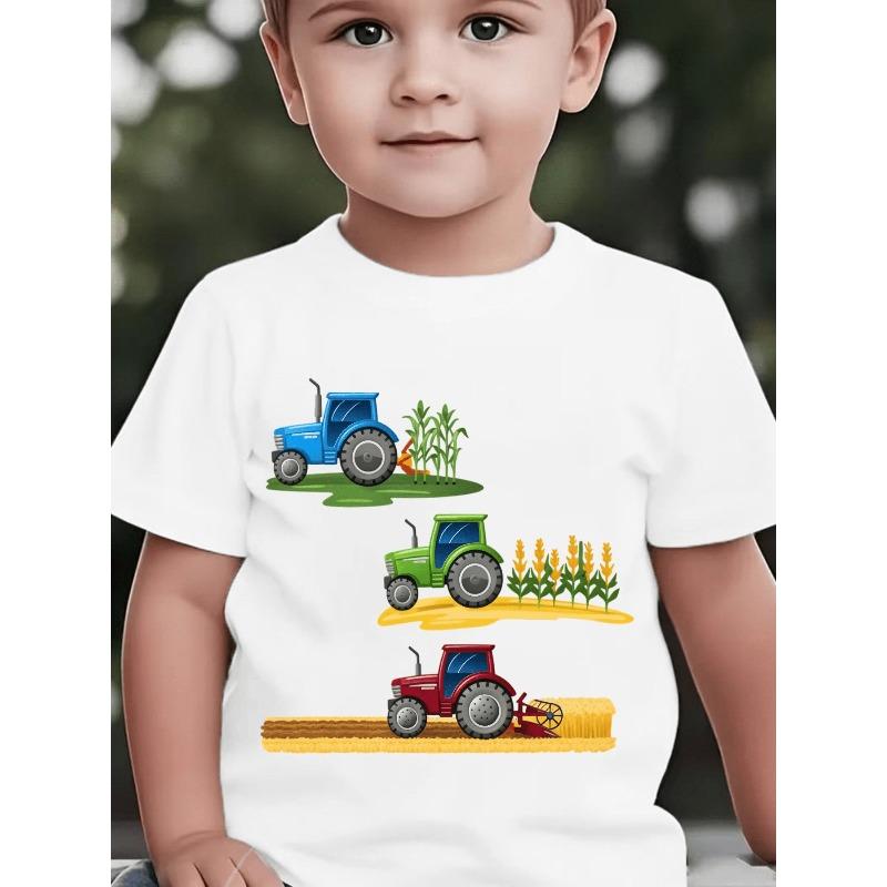 Boy Crewneck Short Sleeve T-Shirt, Cartoon Tractor Harvester Print Green Blue Red Casual Tee