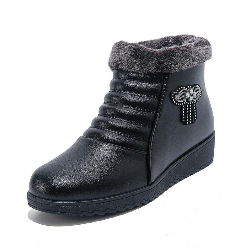 Autumn Winter Women Boots Outdoor Pu Leather Waterproof Flat Ankle Boots Plus Size Plush Warm Snow Boots Mother Cotton Shoes