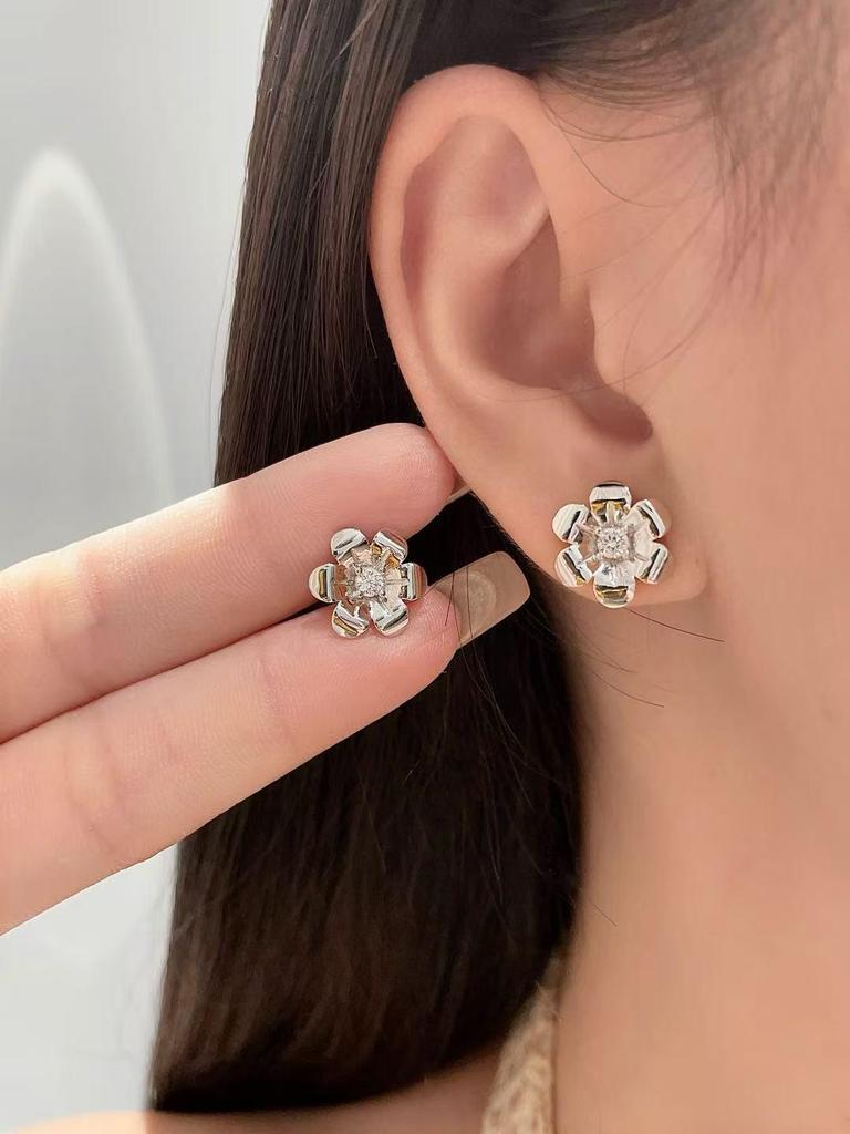 Gold Flower Zircon Stud Earrings 925 Sterling Silver Vintage Luxury