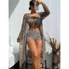 Women's Geometric Print Drawstring Bikini Set with Sheer Cover Up 3 Piece Swimwear