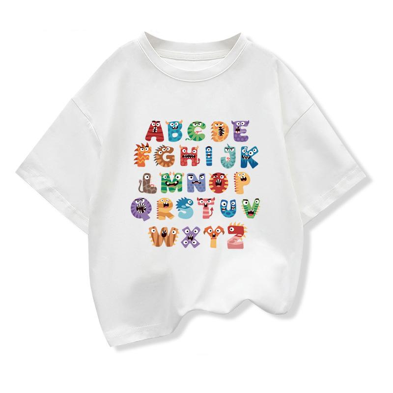 Original Design Creative 26 English Letters Print Tee Tops Boys Girls Short Sleeve Tshirt Summer Kids Clothing