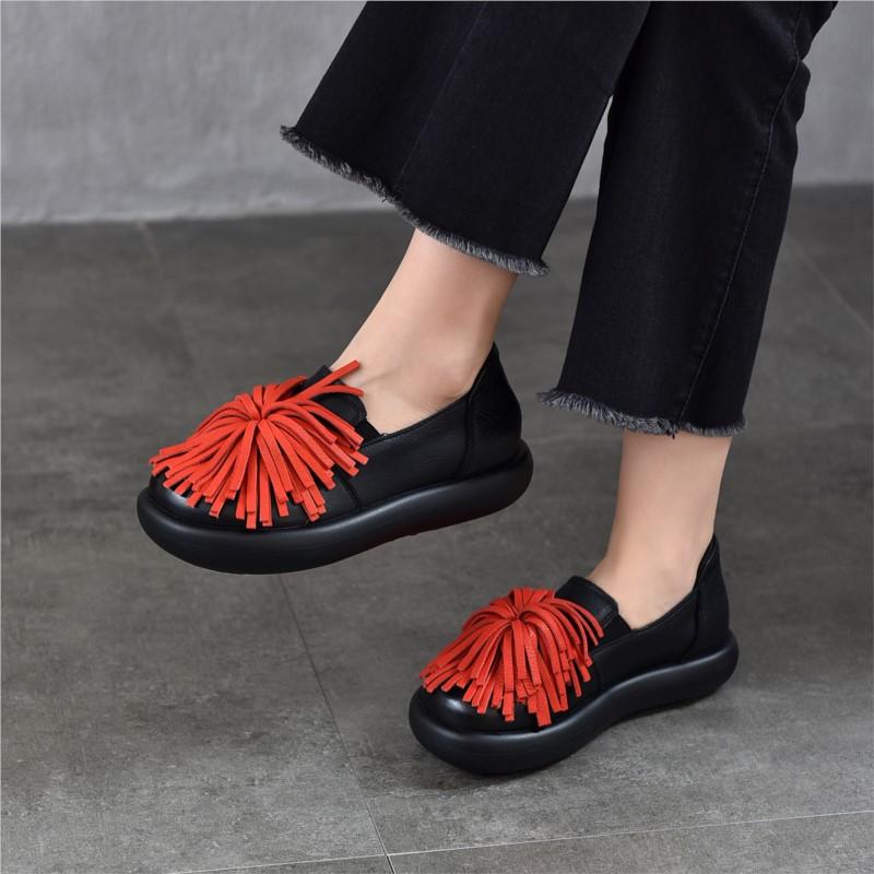 Johnature Genuine Leather Thick Soled Women's Shoes Comfortable Retro Handmade Tassel Slip-on Shoes