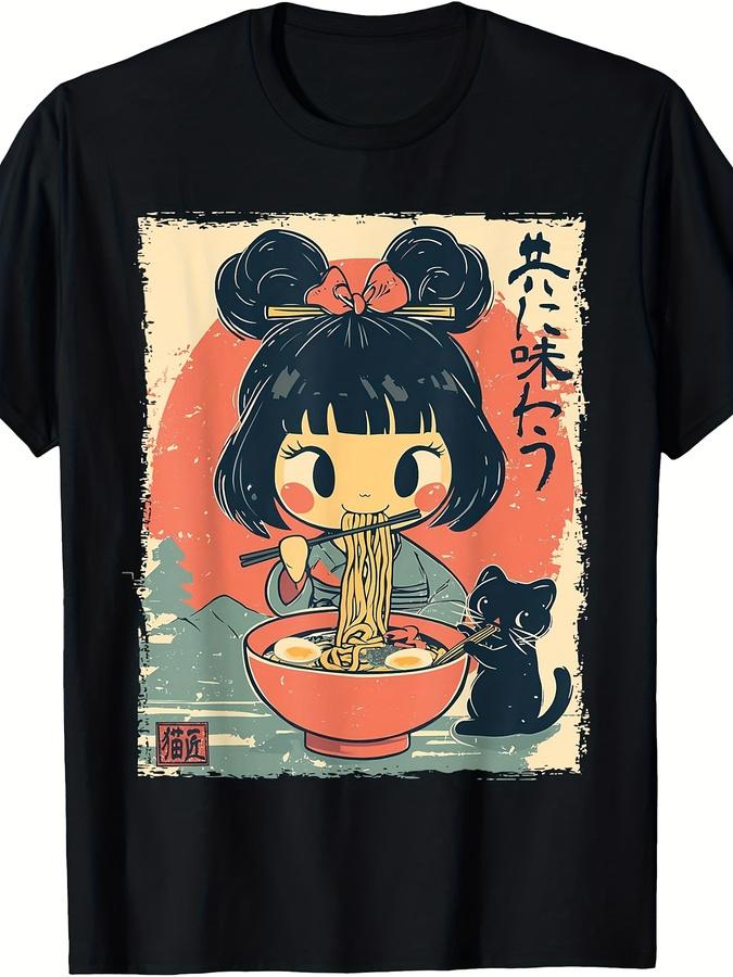 Adorable Kawaii Japanese Girl and Cat Enjoying Ramen on An Anime-Themed T-Shirt. Unisex Design for Both Men and Women, Perfect F