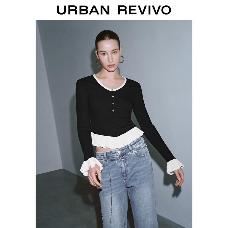 UR2026 Women s Color-block Faux Two-Piece Slim T-shirt XL