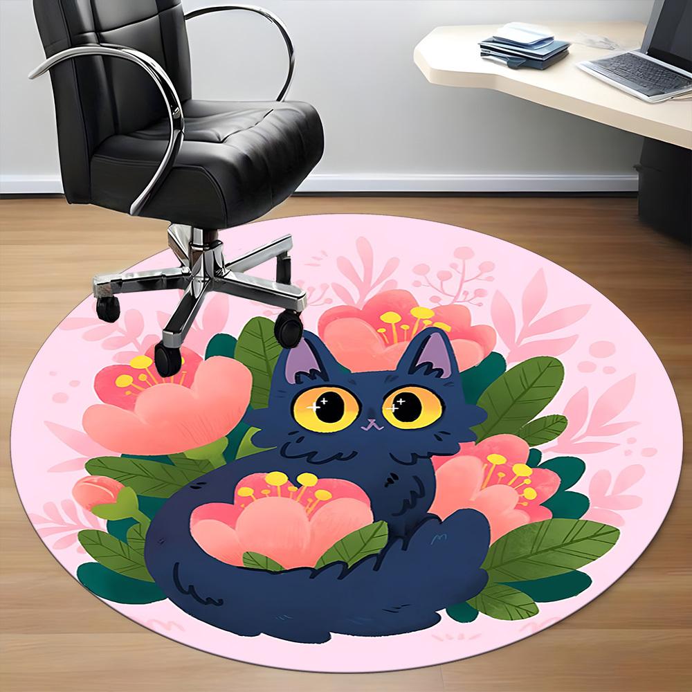 1pc Floral Cat Office Round Area Rug,  Mat Suitable For Office, Under Office Chairs Bedroom Living Room Home Decor, Room Deco