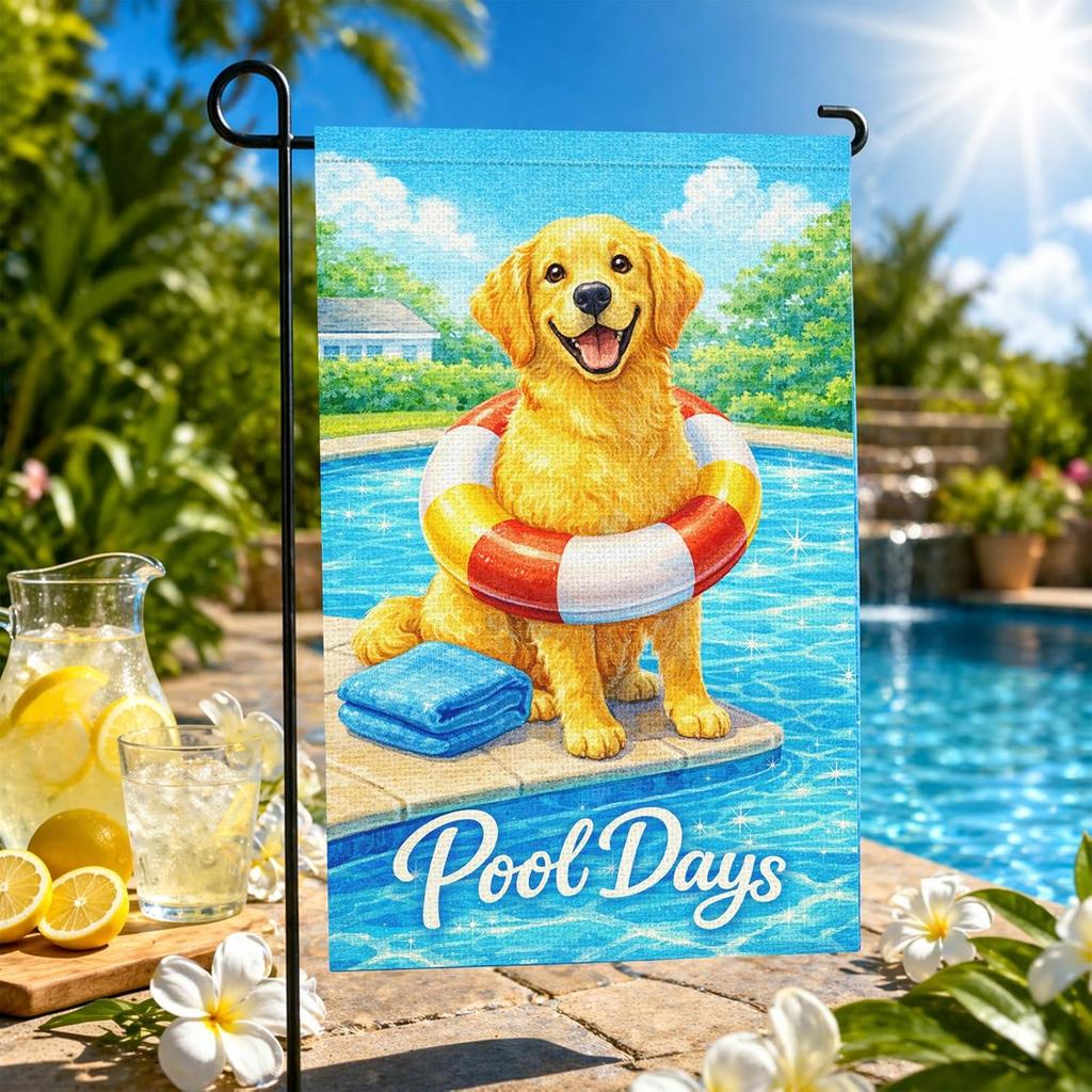 Heyfibro Pool Days Garden Flag – 12x18 Inch Double Sided Summer Happy Golden Retriever Design, Summer Yard Flag for Dog Love