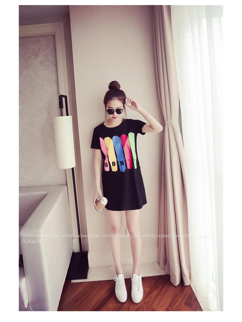 

2024 Лето Женское Платье-футболка свободного кроя с корейским принтом, круглым вырезом и короткими рукавами Triple Extra Large чёрный