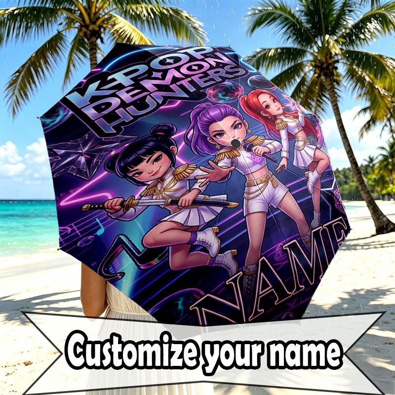 Custom Name Personalized Kpop Demon Hunter Print Umbrella, Auto Open Close, 8‑Rib Sturdy Frame, Commute Camping Hiking Use, Birthday Gift