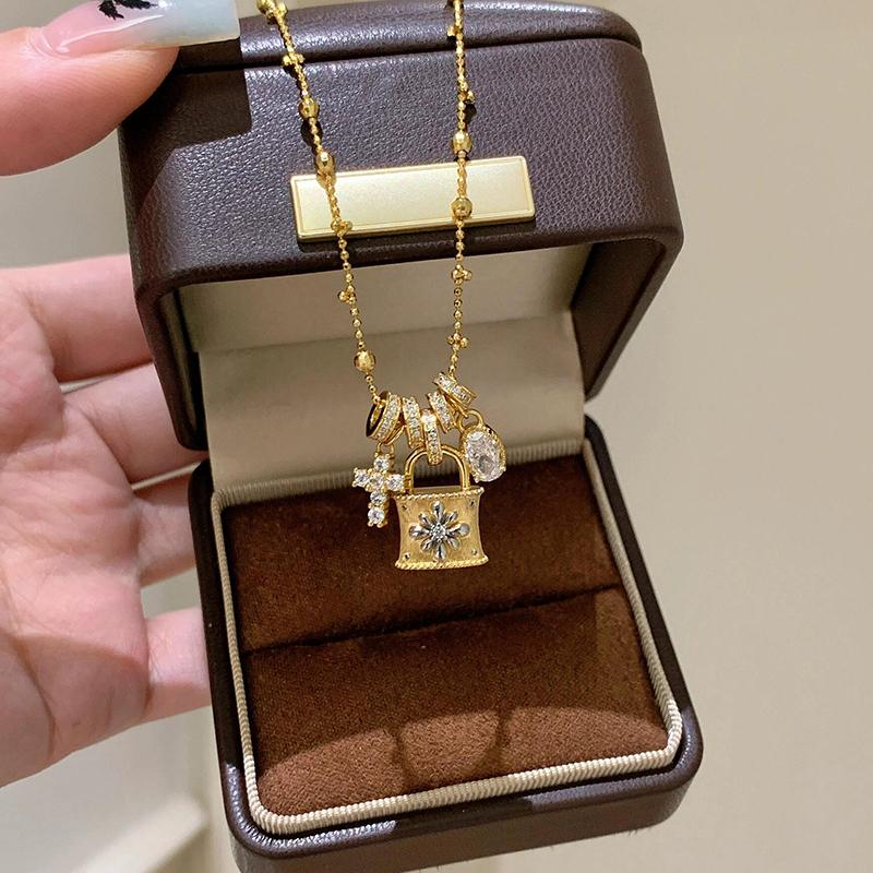 Charming Cross Lock Pendant Necklace Women Zircon Circle Fringe Minimalist Personality Retro Necklace Accessory Party Daily Gift
