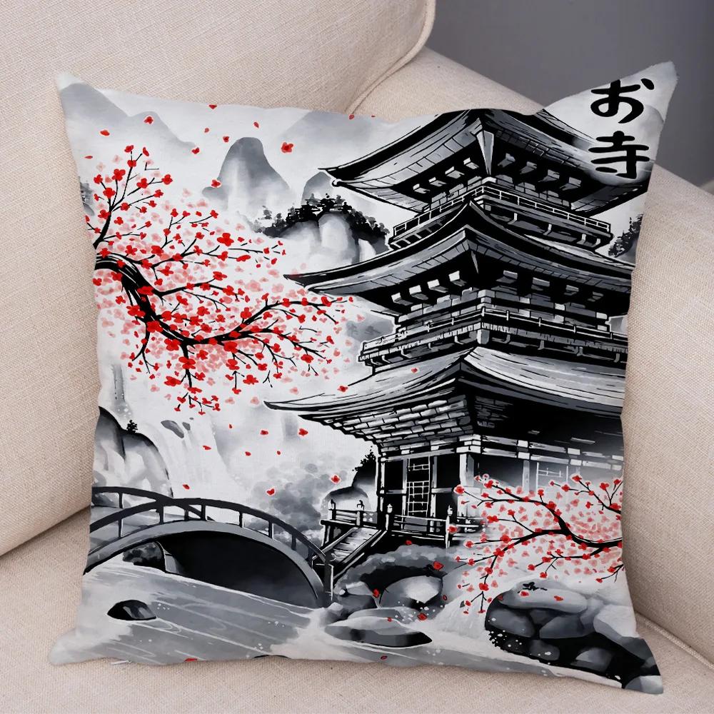 Japan Style Ink Cushion Cover for Sofa Home Double Print Decor Beautiful Scenery Warrior Girl Pillowcase Soft Plush Pillow Case