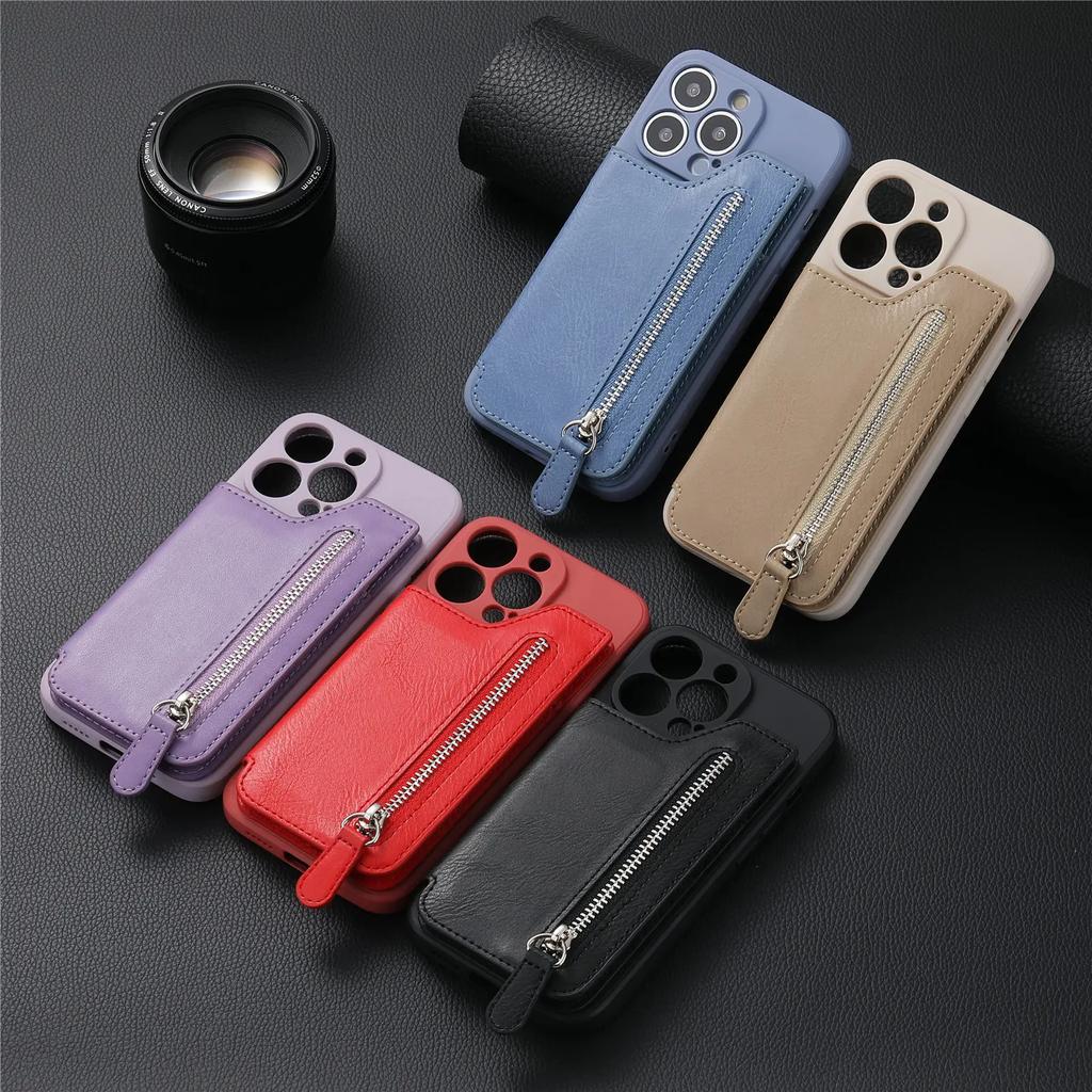 Zipper Cards Holder Leather Wallet Phone Case For iPhone 16 Pro Max 15 14 Plus 13 12 11 13Mini XS X XR SE 2026 Anti-drop Cover