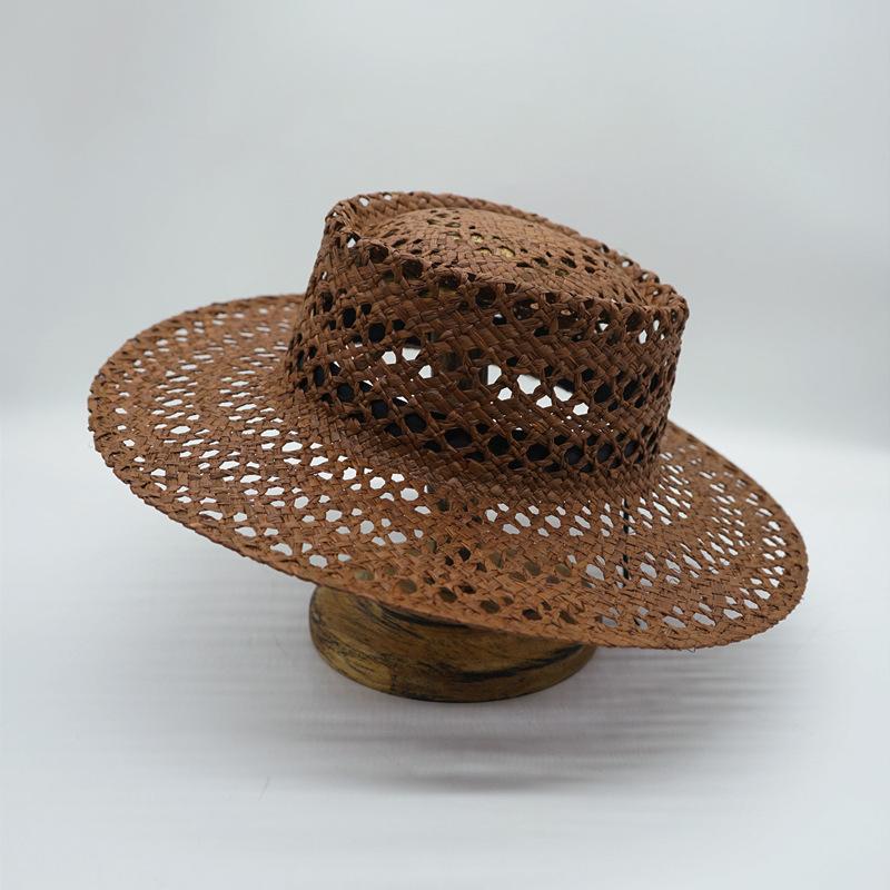 Brown Hollow Hand-Woven Raffia Panama Jazz Top Hat Flat Straw Hat Summer Men'S And Women'S Vacation Beach