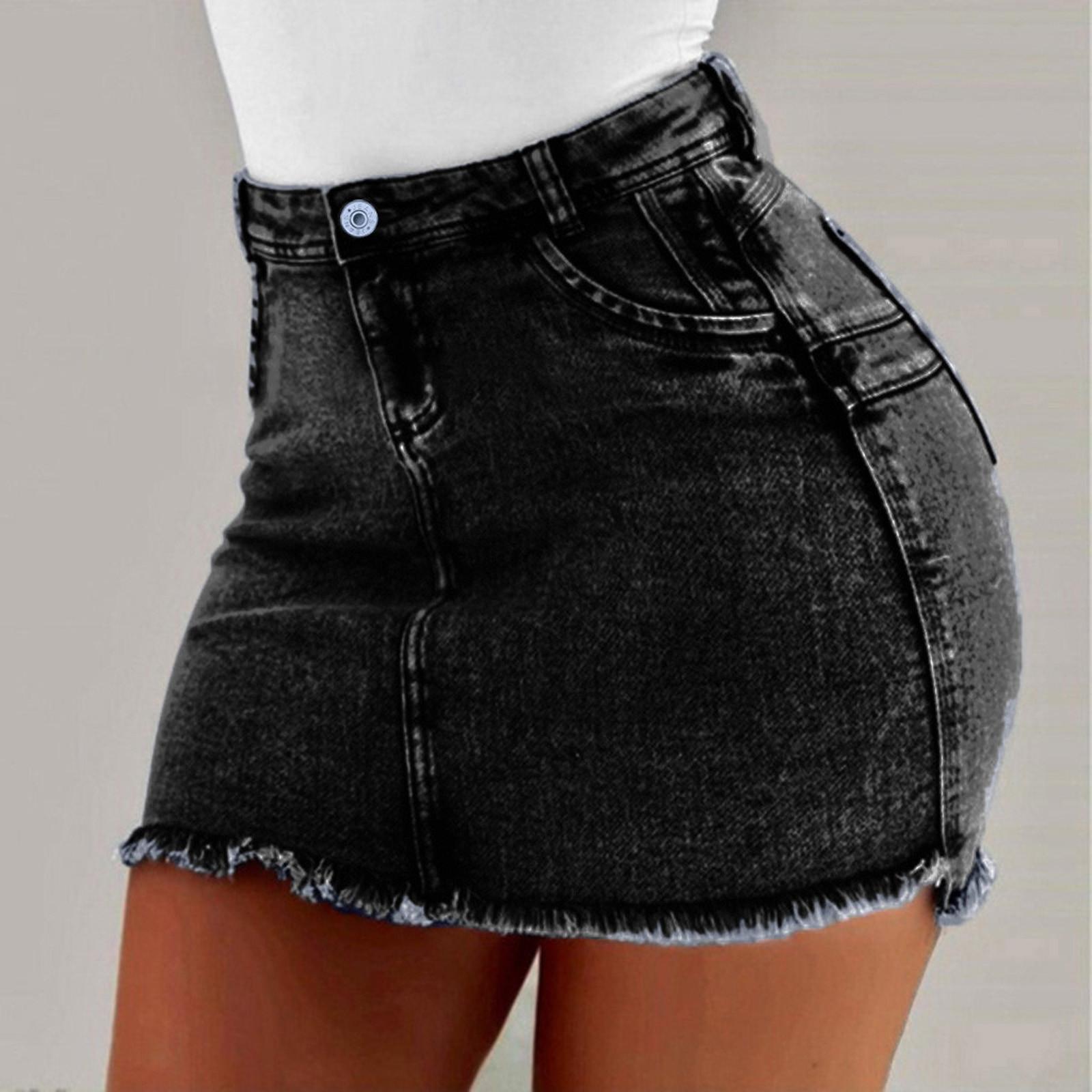 Women Fashion Summer Short Jeans Denim Female Pockets Wash Denim  Skirts S чёрный