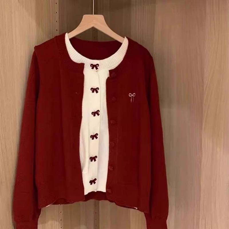 

Кардиган-свитер в корейском стиле с бантом, красный, имитация двойки, для женщин, осень-зима, новый стиль, свободные вязаные джемперы OneSize красный
