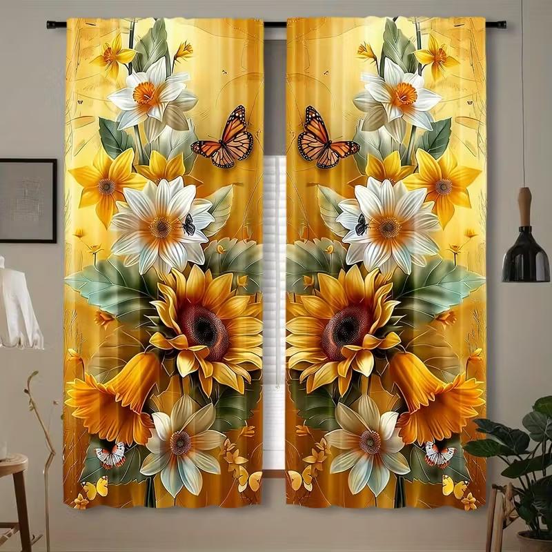 

2 шт. штор с принтом подсолнуха и бабочки, подходят для украшения спальни, гостиной, кухни, домашнего декора, украшения окна 14Wx59L(35x150CM)x2&Rod Pocket