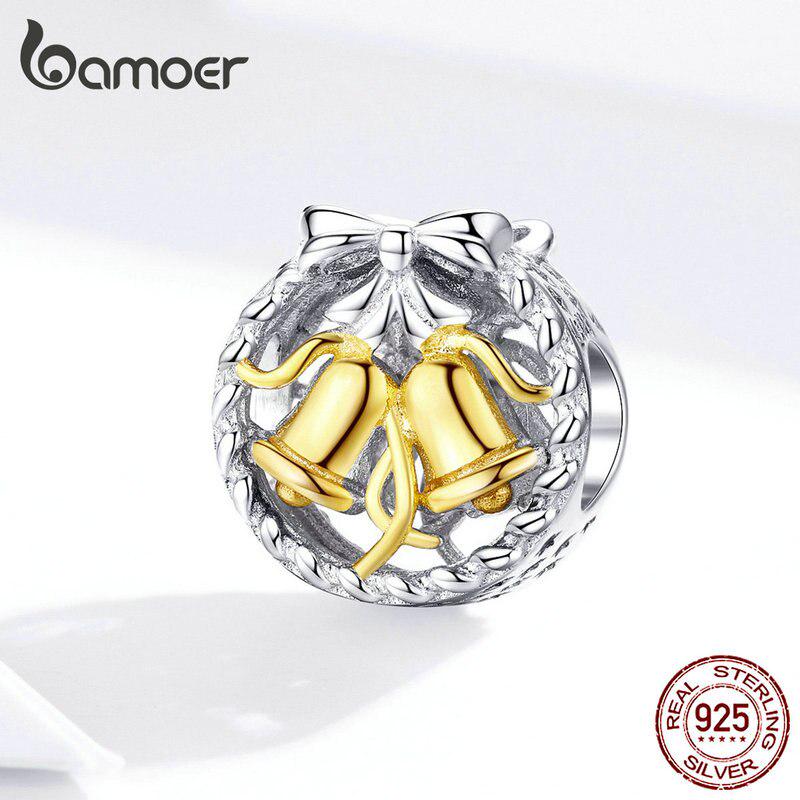 BAMOER Weihnachtsglocke, runde Metallperlen für Damen, 925er Stelring-Silber, passend für Armbänder, Schmuckstücke