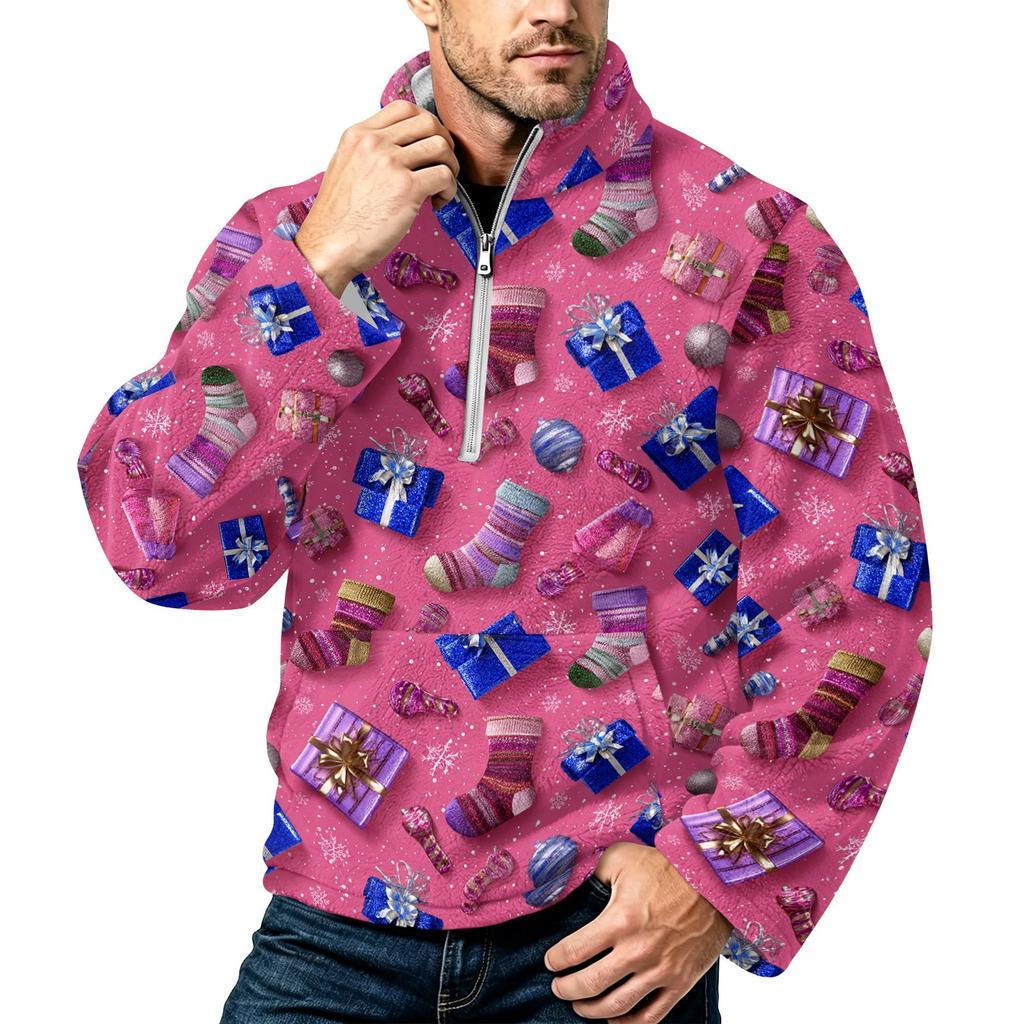 Men's Christmas Print Flannel Zip-Up Sweatshirt with Stand Collar, Plus Size Casual Top for Fall Winter
