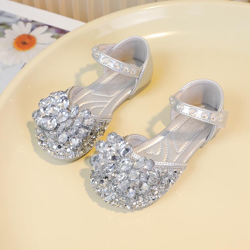 

Girls Half Sandals Non-slip Shiny Crystal Kids Dance Shoes for Party Wedding 2025 New Children Princess Shoes Summer Soft Sole 23 серебряный