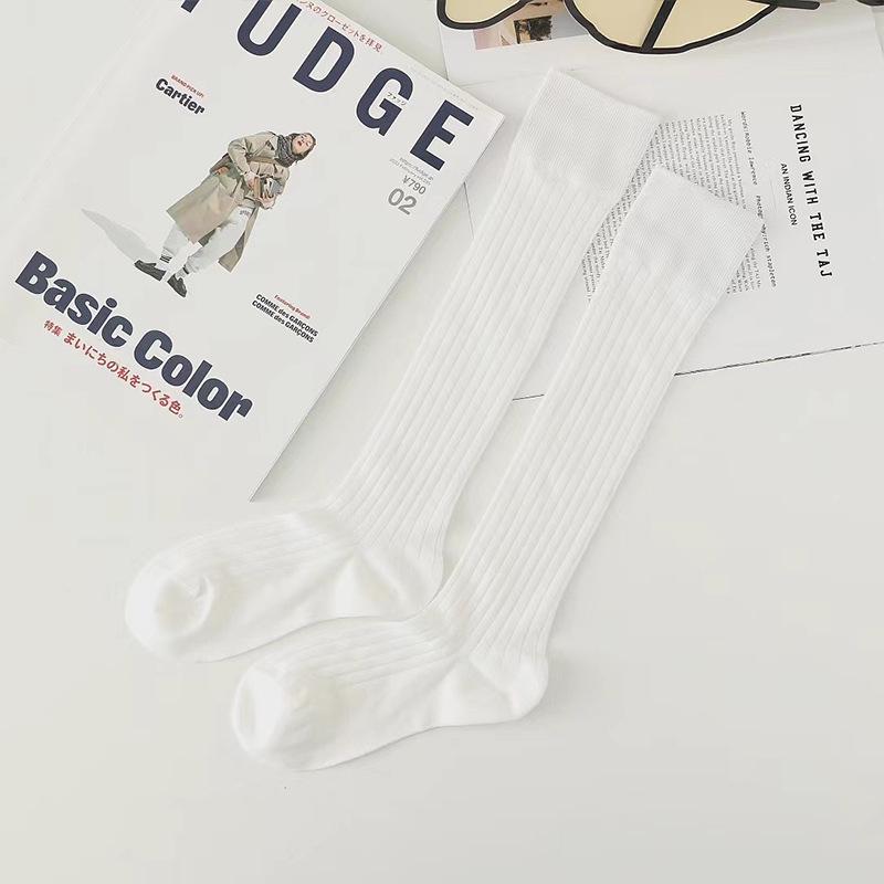 Smoke Gray Vertical Stripe Cotton Mid-Calf Socks: Women's Korean Runway Style for Spring & Autumn
