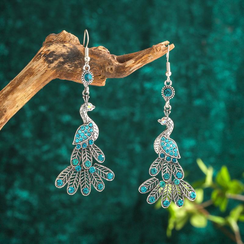 Vintage Ethnic Colroful Rhinestone Peacock Dangle Earrings For Women Long Classic Silver Color Animal Earrings Female Jewelry