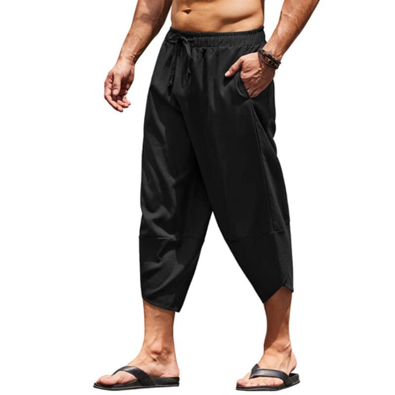 Men's Capri Summer Cotton and Linen Pants Pants Solid Color Scarf Elastic Waist Clamping Cord 3/4 Length Shorts Baggy Casual Pan