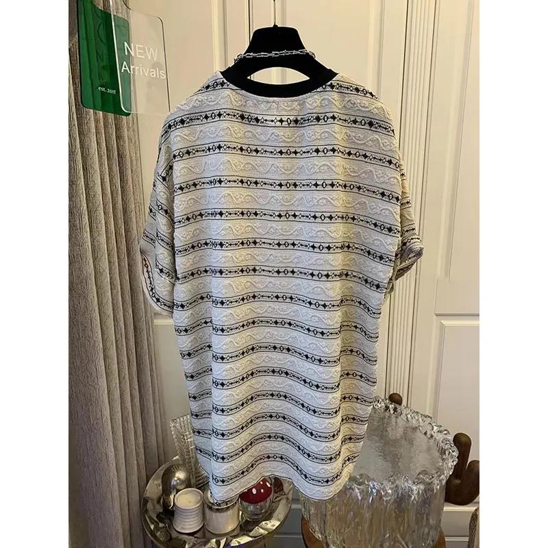 Striped Jacquard Short-sleeved T-shirt Women's Summer Loose High-end Temperament Mid-length Top Trendy