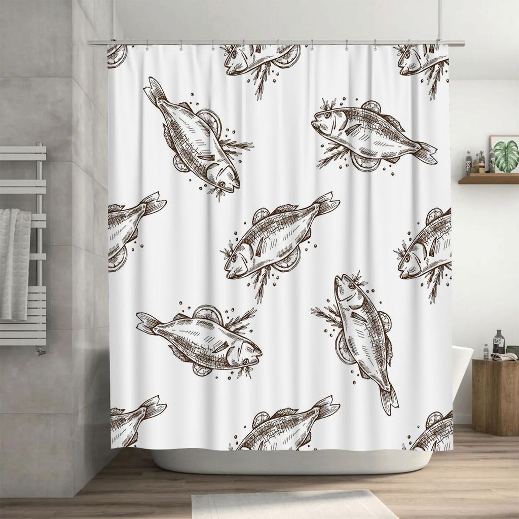 Vintage Fish Print Shower Curtain Waterproof Fabric Decorative Room Accessory For Bathroom (White)