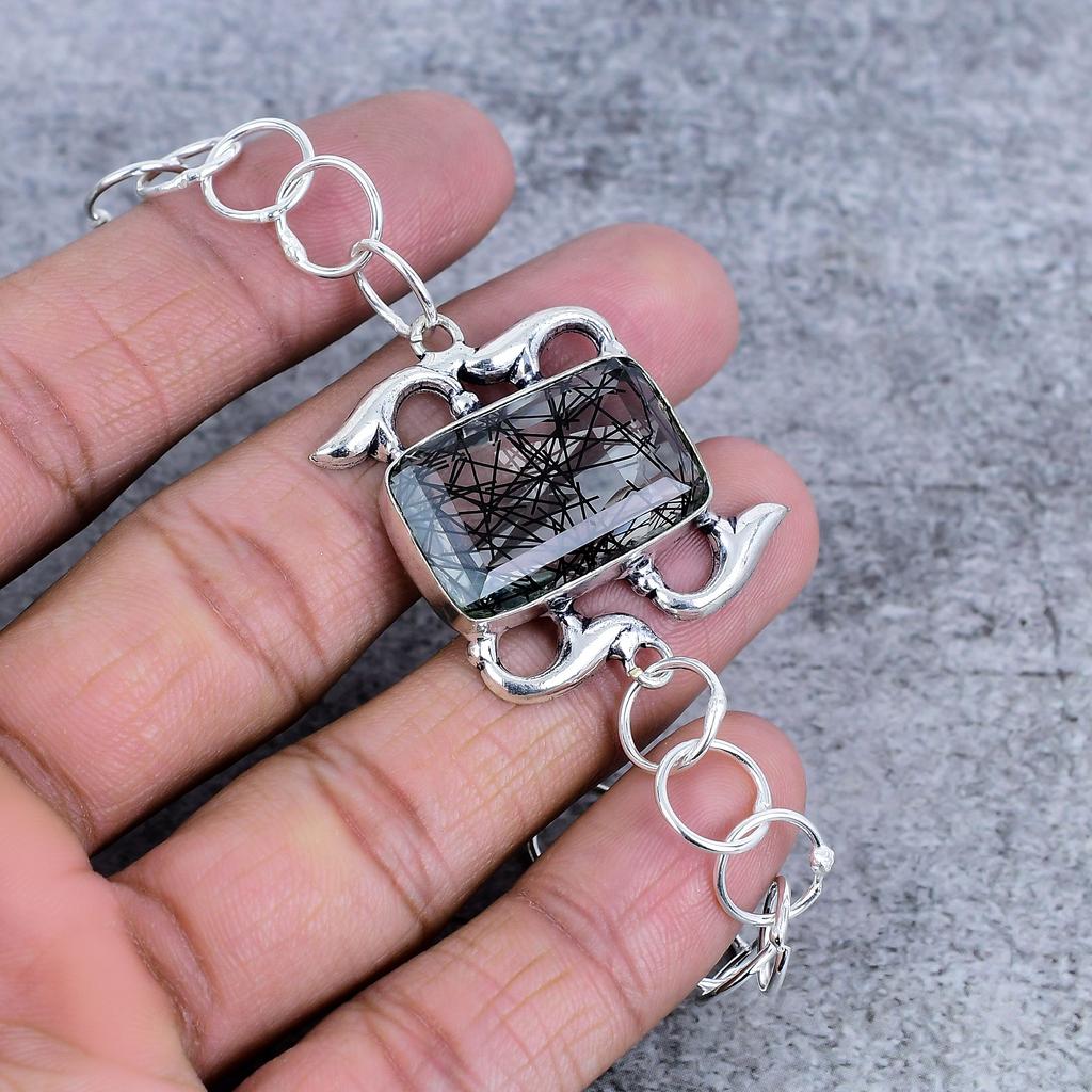 Black Rutile Gemstone Handmade 925 Sterling Silver Bracelet 7-8" M-2716