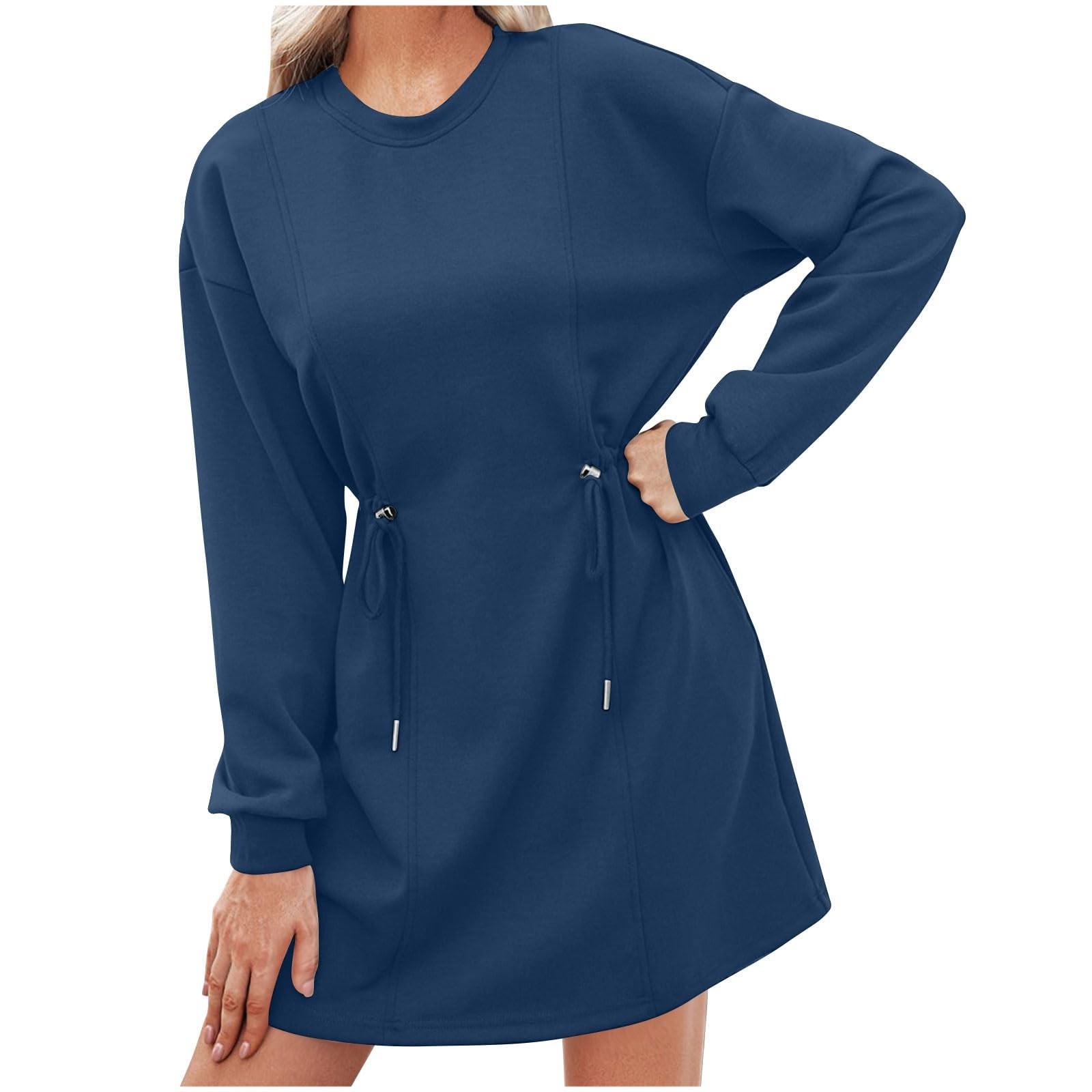 

Женское платье-толстовка с завязками на талии, свободный свитер с длинным рукавом, повседневные платья-туники M синий