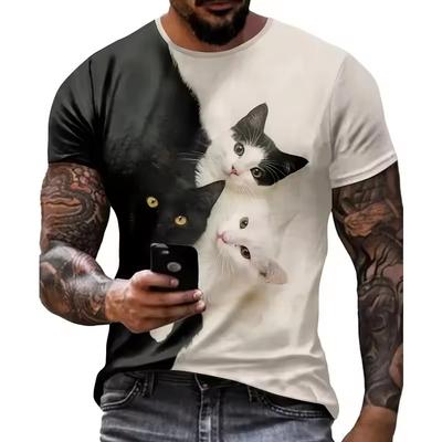 Sommer Herren T-Shirt Tier Niedlicher Katze Druck Rundhals Kurzarm T-Shirt Street Trend Tops Übergroße Herrenbekleidung T-Shirt für Männer