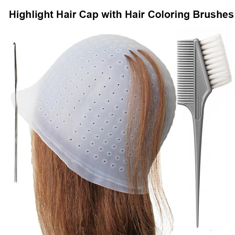 BEPAN Silicone Highlight Hair Cap with Needle and Dyeing Brushes Set 3pcs Reusable Hair Coloring Cap for Color Hair Salon Hairdressing