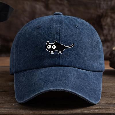 Boné de beisebol unissex preto com estampa de gato branco de olhos, boné de aba de pato elegante e versátil, um item essencial para atividades ao ar livre