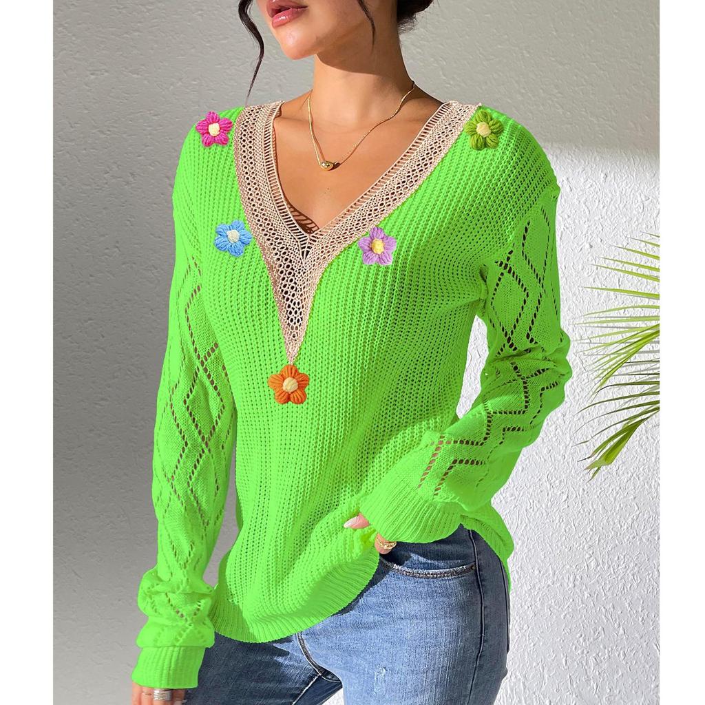 Women's Loose Casual Lace V Neck Long Sleeved Knitted Pullover Sweater Top Sweater Top