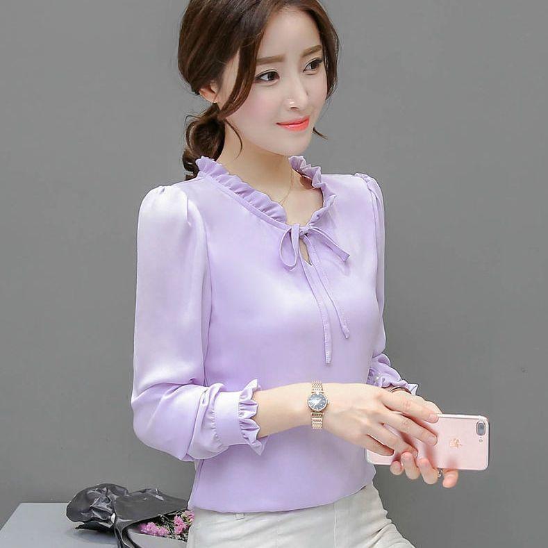 

Spring and Autumn Loose Large Size Bow Chiffon Shirt Women s Long-sleeved Solid Color Shirt Bottoming Top 5XL
