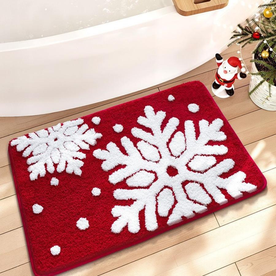 Roter Weihnachts-Faux-Kaschmir-Teppich, Saugfähige Fußmatte, Schmutzabweisende Badematte, Festliche Feiertagsdekoration Haushaltsbodenmatte, Verschleißfeste Fußmatte