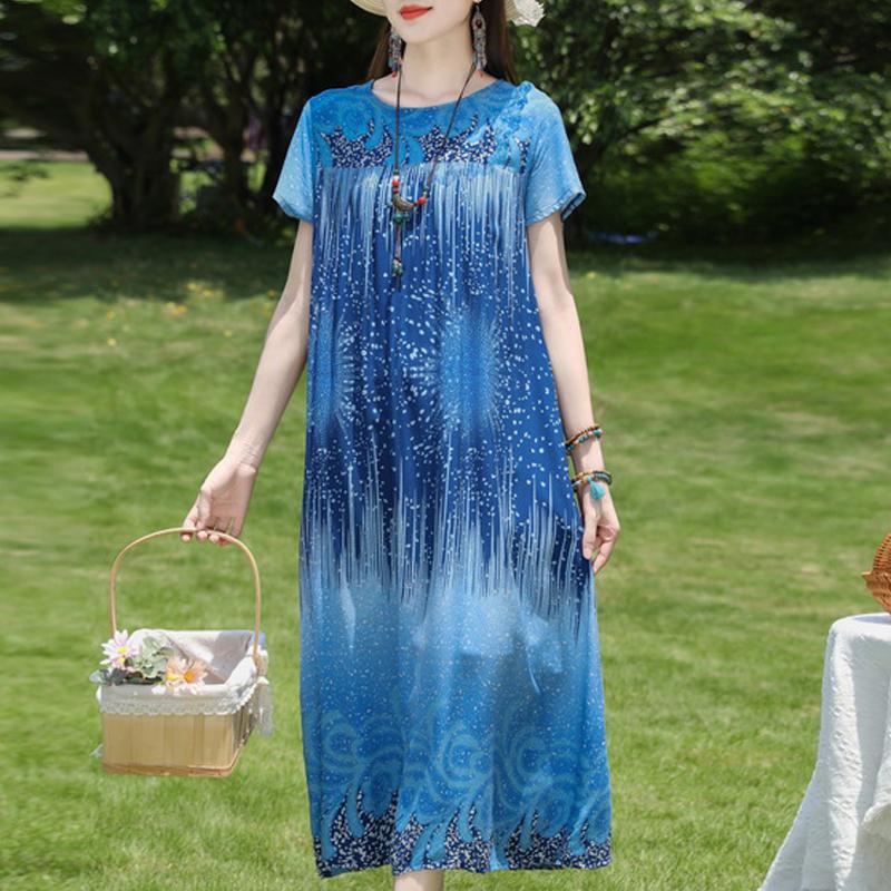 Damen Plus Size Boho-Print Maxikleid, Kurzarm Freizeit-Sonnenkleid (XL-5XL)