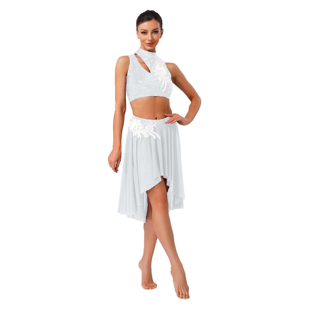 Womens Lyrical Dance Outfits Sleeveless Hollow Out Crop Top Irregular Mesh Hem Briefs Skirt Applique Dancewear Set