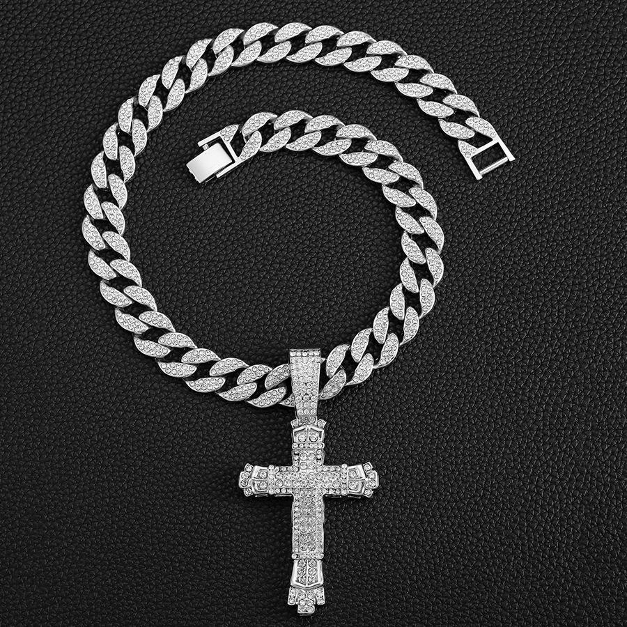 New European and American Style Hip-Hop Cross Pendant with Zircon and Cuban Link Chain Gold Plated Alloy Necklace for Party