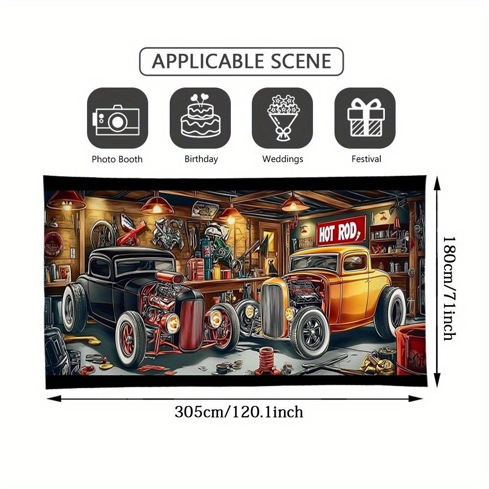 2D Flat Banner 1 Piece 1 Large Garage bannerRetro Car Workshop Decoration Strip with Classic Hot Rod Cars XY