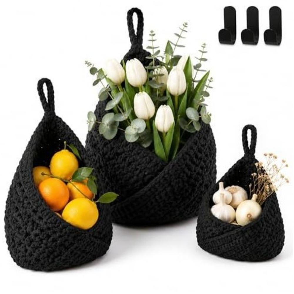 3PCS/SET Hand Woven Fruit Vegetables Basket Cotton Rope Wall Mounted Kitchen Storage Basket Breathable Mesh Pocket Fruit Net Bag